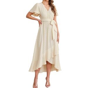 KUTUMAI Women 2024 Swiss Dot Maxi Dress V Neck Wrap Belted Ruffle A Line Flowy s